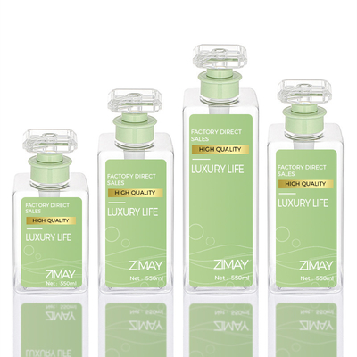 สี่เหลี่ยมผืนผ้าปั๊มเปล่ากลมกำหนดเองน้ำมันอาบน้ำแบน 300ml 400ml 800ml ขวดแชมพู