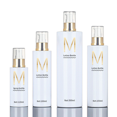 ขายส่ง 120ml 200ml 250ml 500ml เครื่องสำอางรอบ Body Mist Atomizer สเปรย์ฉีดพลาสติกโลชั่นขวดสีทองสำหรับทำความสะอาด